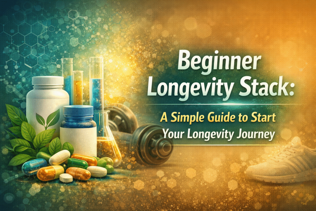 Beginner longevity stack banner with supplements, capsules, and fitness elements representing a simple guide to starting a longevity journey.