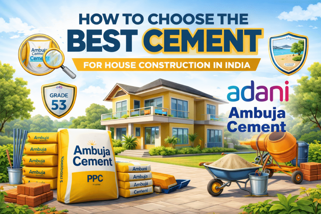 How to choose the best cement for house construction in India with Ambuja Cement bags and modern home illustration